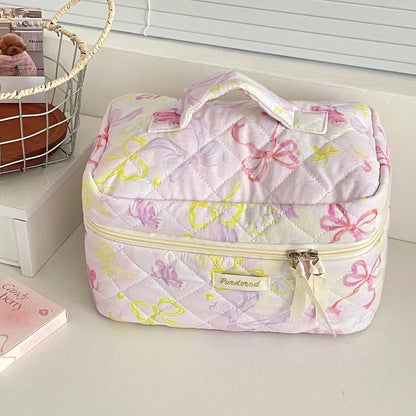 Pink Bow Quilted Make Up Bag Set