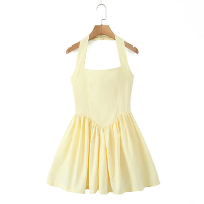 Lemon Halter Mini Sundress - Yellow/White/Black