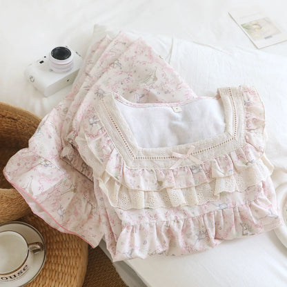 Pure Cotton Pajama Set Long Sleeve Trousers Women's Soft Floral Sleepwear Nightwear New Spring Autumn 2 Piece Loungewear Suit Creative Femininity