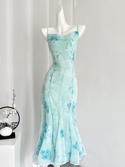 Blue Floral Midi Slip Dress