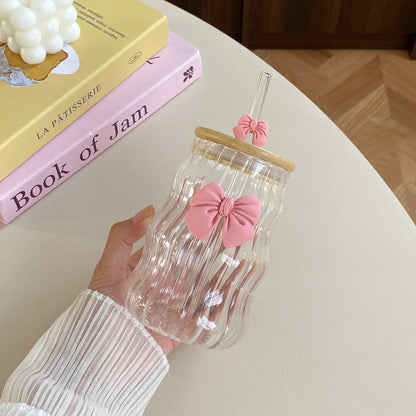 Pink Bow Glass Cup With Lid & Straw