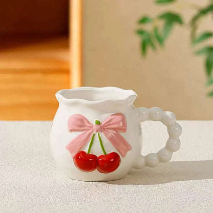 Pink Cherry Bow Ceramic Mug Creative Femininity