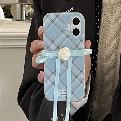 Blue Plaid iPhone Case With Rose Ribbon