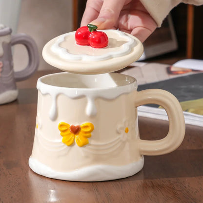 Hand Painted Cherry Cake Ceramic Cup with Lid