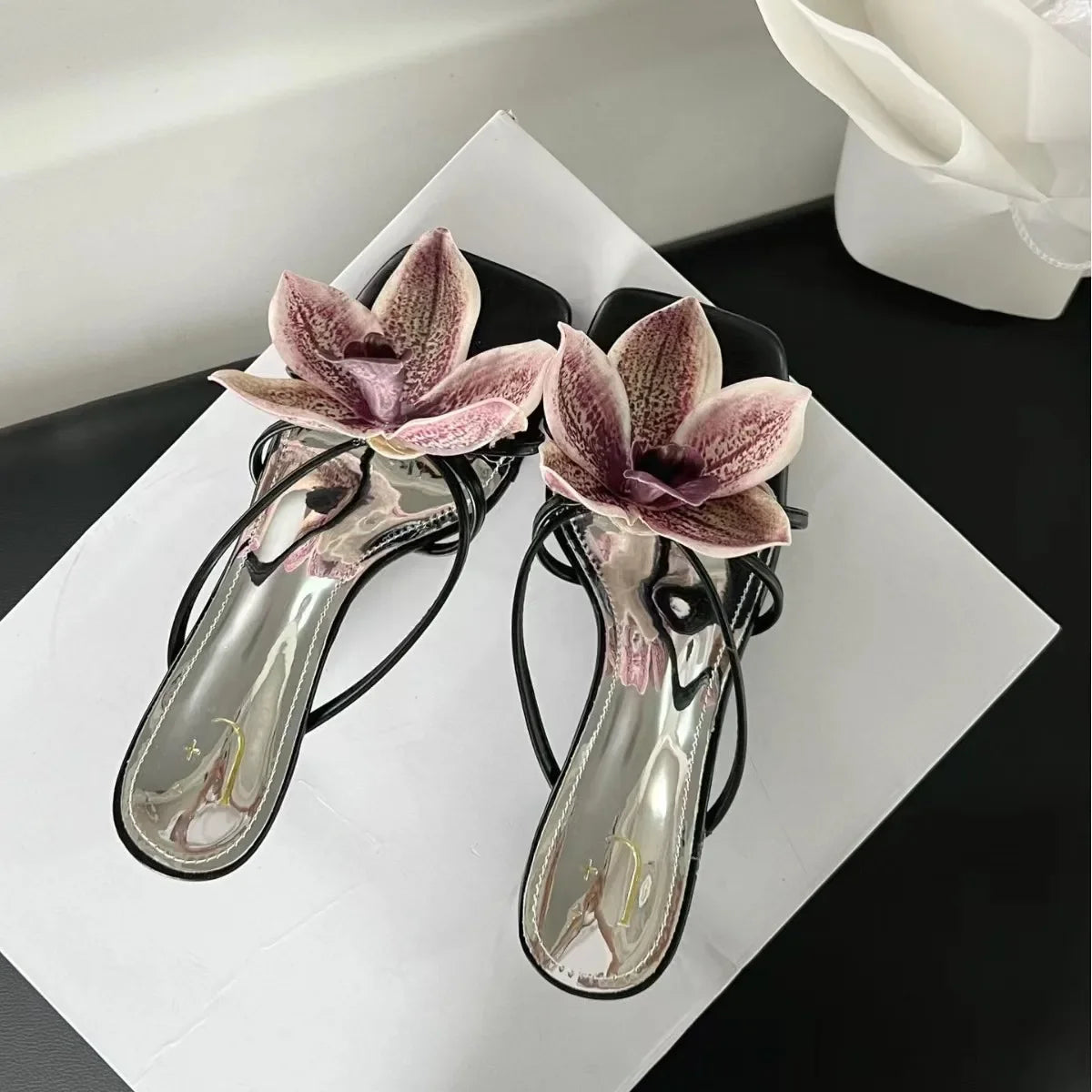 Midi Heeled Mules With Lily Flower Detail