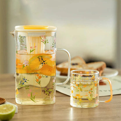 Floral Glass Jug & Cup Set