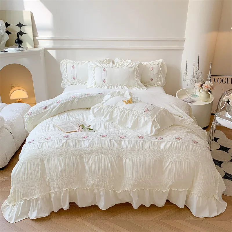 Pink Floral Embroidery Lace Ruched Bed Set