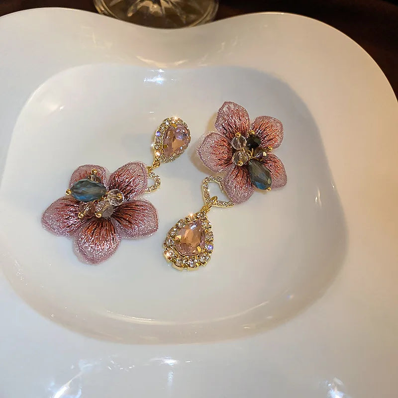 Pink Diamond Drop Flower Earrings