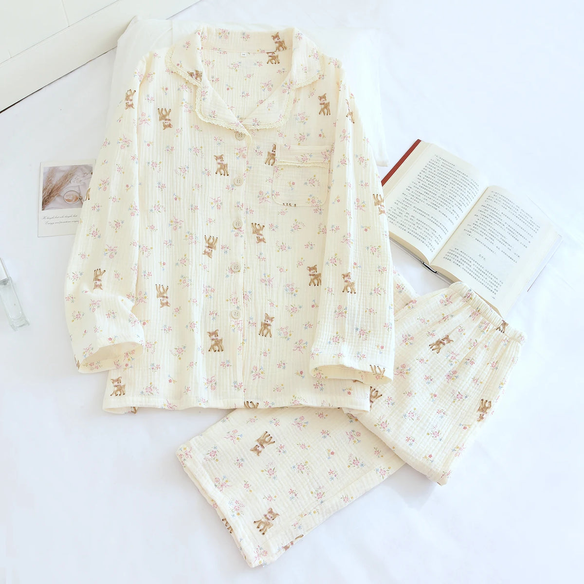 Cartoon Cotton Pajamas Women's Double Layer Gauze Spring Autumn Summer Floral Print Home Clothes Comfortable Long Sleeve Slee... Creative Femininity