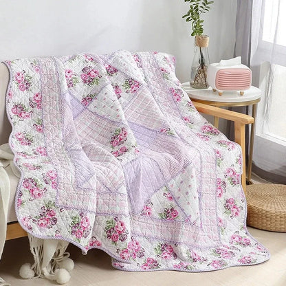 Floral Print Cotton Quilted Bedspread - Pink/Purple