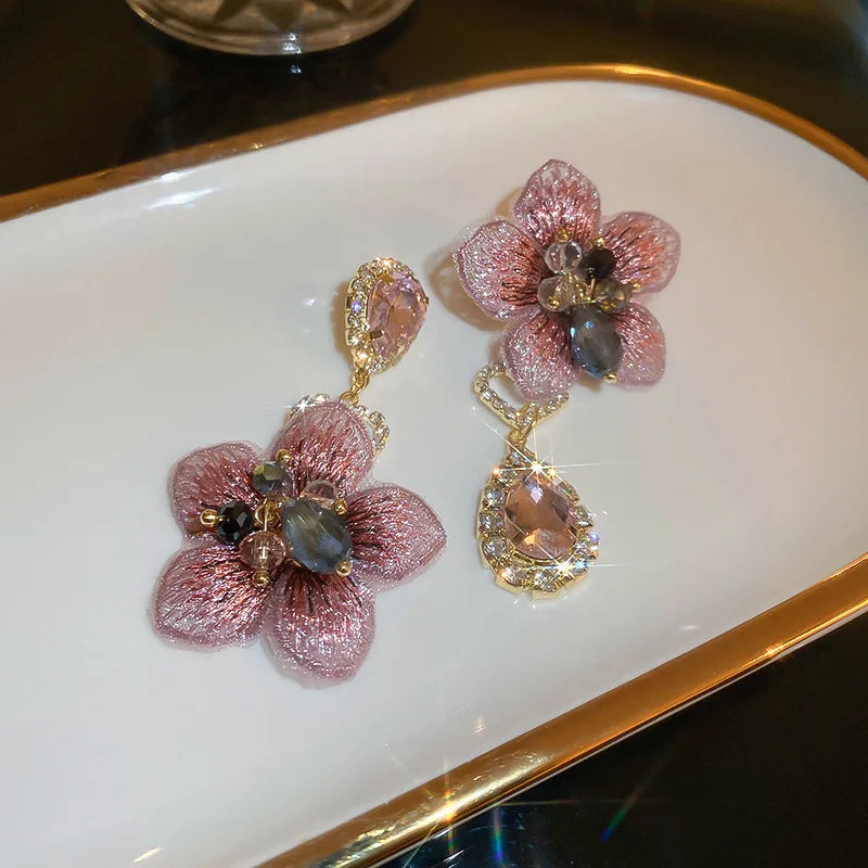 Pink Diamond Drop Flower Earrings