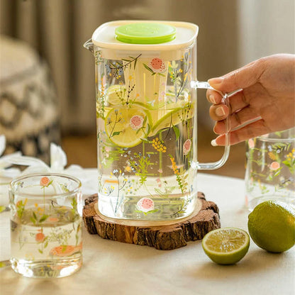 Floral Glass Jug & Cup Set
