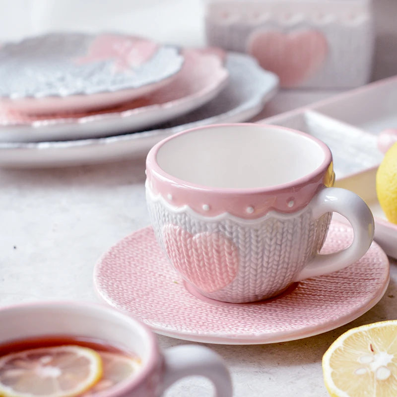 Pink Knit Heart Tea Cup And Saucer Set Creative Femininity