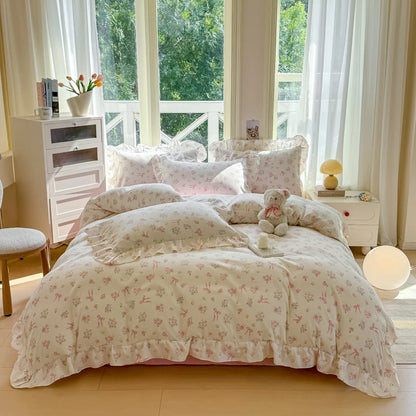 White Ruffle Duvet Cover With Pink Bows