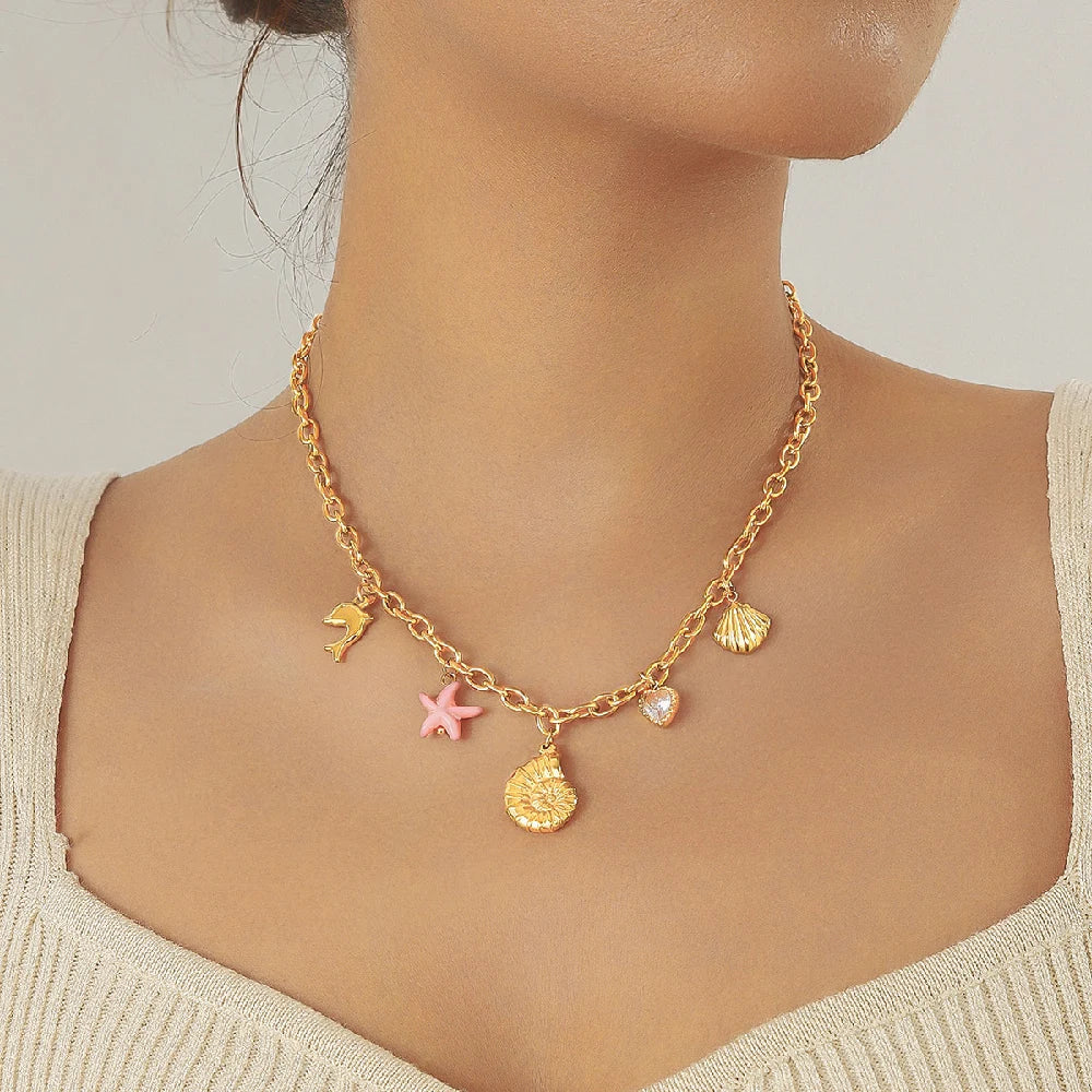 Pink & Gold Shell Charm Necklace