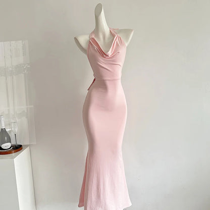Baby Pink Backless Slip Dress With Bow