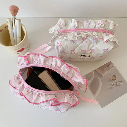 Quilted Ruffle Ribbon Cosmetic Bag