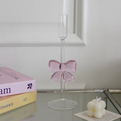 Clear glass candle holder with pink bow 