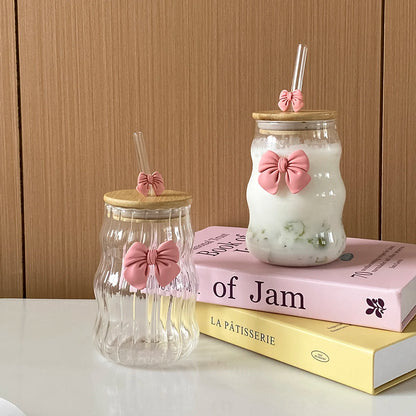 Pink Bow Glass Cup With Lid & Straw