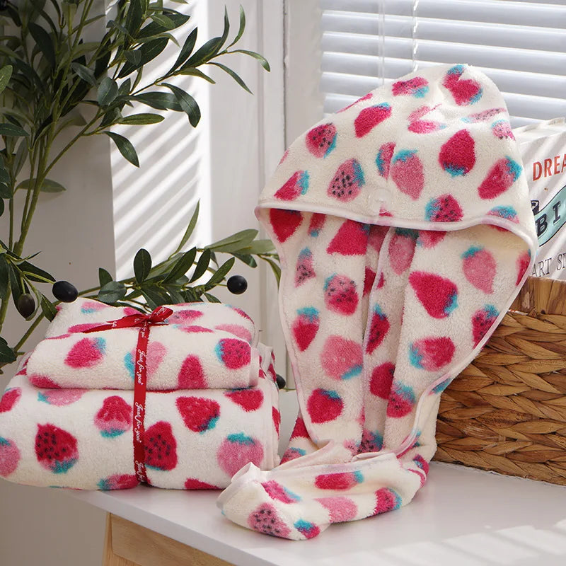 Cotton Strawberry Print Towel Set