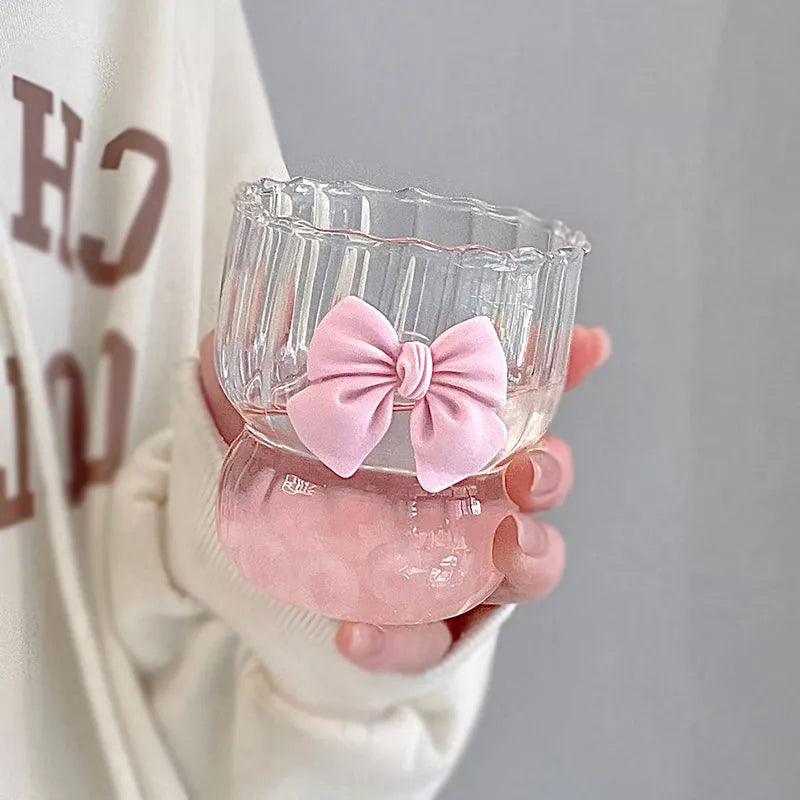 Pink Bow Ribbed Glass Cup