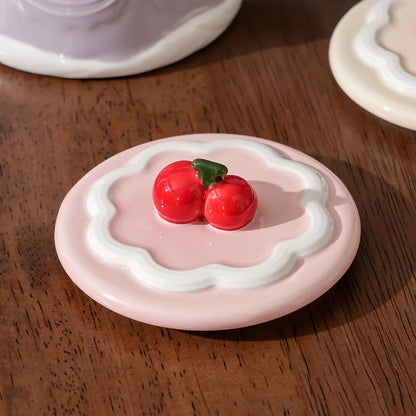 Hand Painted Cherry Cake Ceramic Cup with Lid