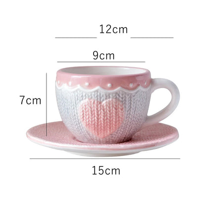 Pink Knit Heart Tea Cup And Saucer Set Creative Femininity