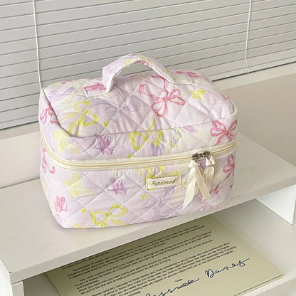 Pink Bow Quilted Make Up Bag Set