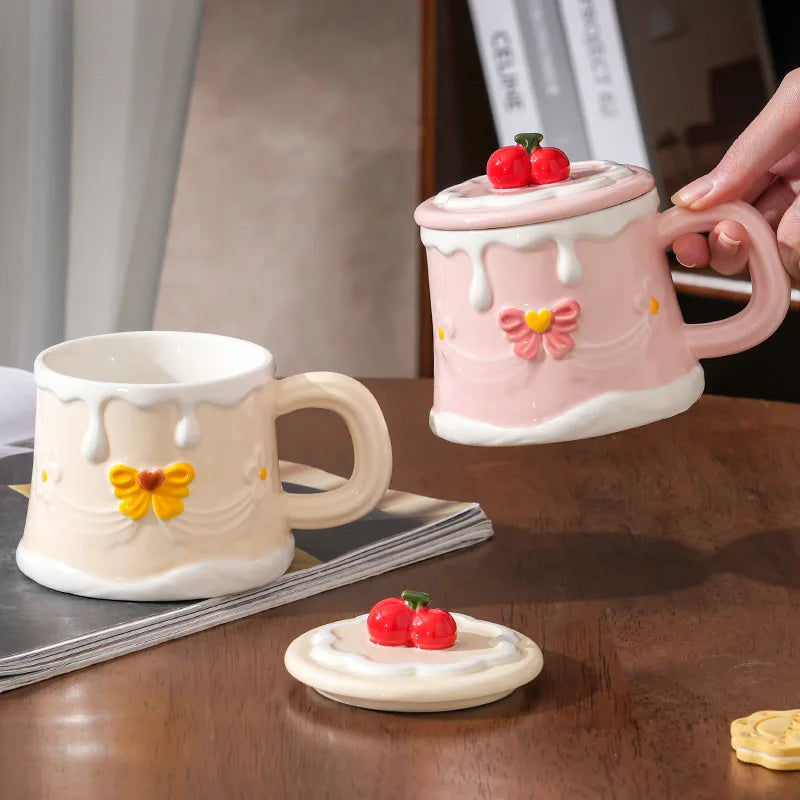 Hand Painted Cherry Cake Ceramic Cup with Lid
