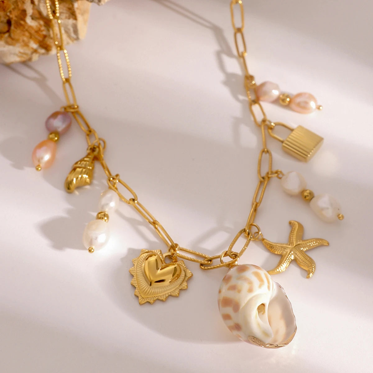 Gold Charm & Pearl Necklace