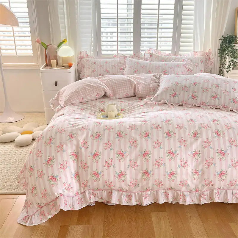 Pink Floral Ruffle Duvet Set