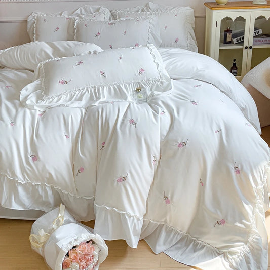 Rose Embroidered Ruffle Bed Set - White/Pink/Green/Blue