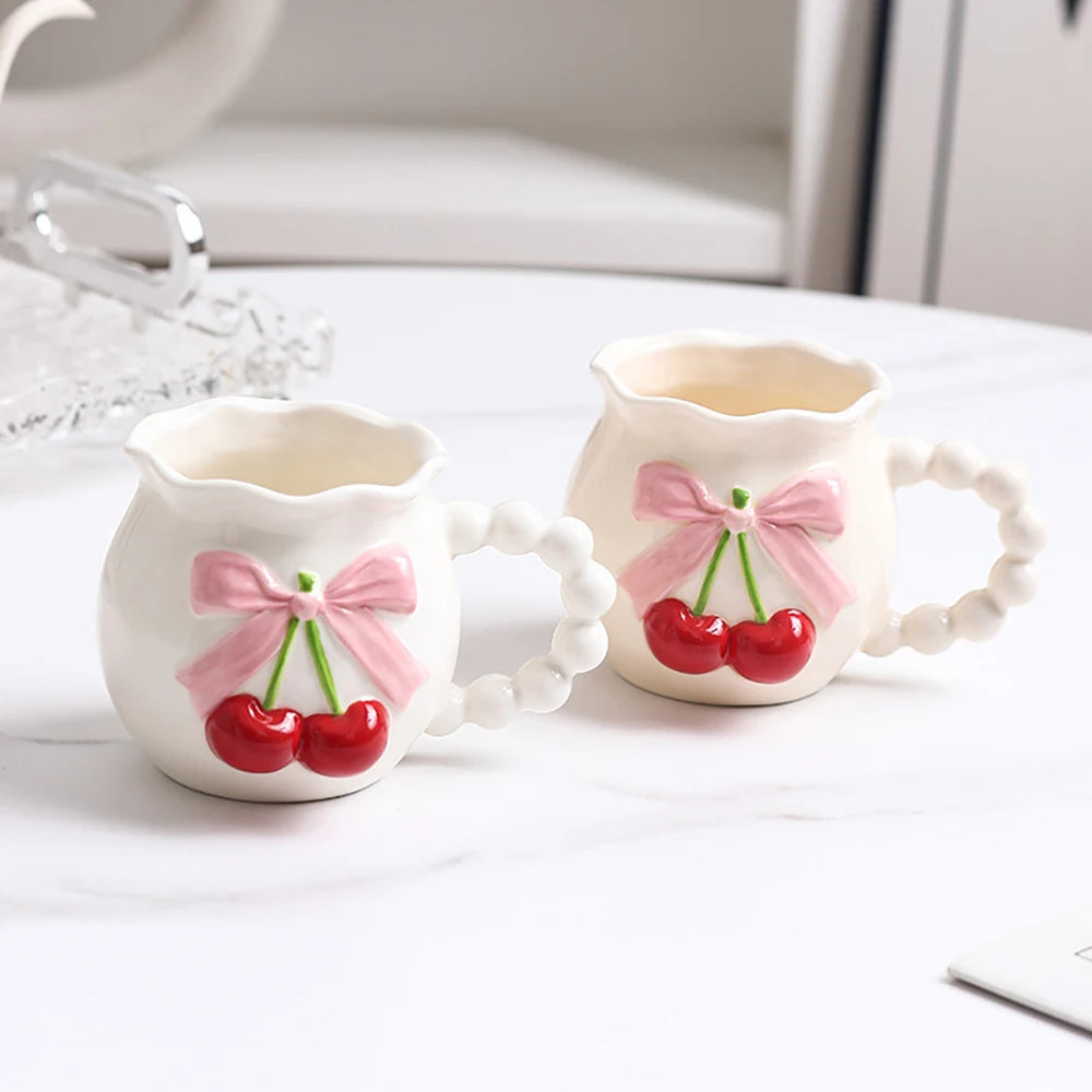 Pink Cherry Bow Ceramic Mug Creative Femininity