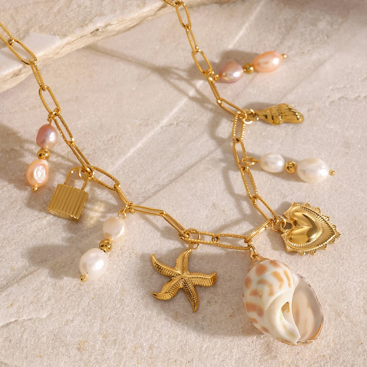 Gold Charm & Pearl Necklace