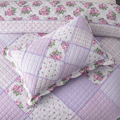 Floral Print Cotton Quilted Bedspread - Pink/Purple