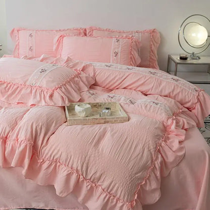 Pink Floral Embroidery Lace Ruched Bed Set