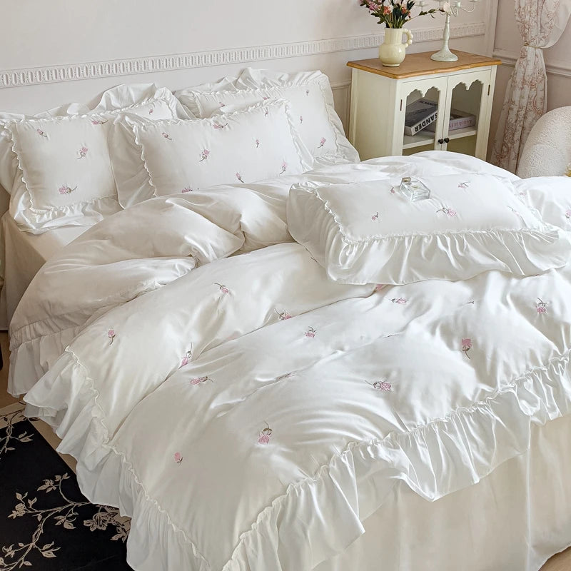 Rose Embroidered Ruffle Bed Set - White/Pink/Green/Blue