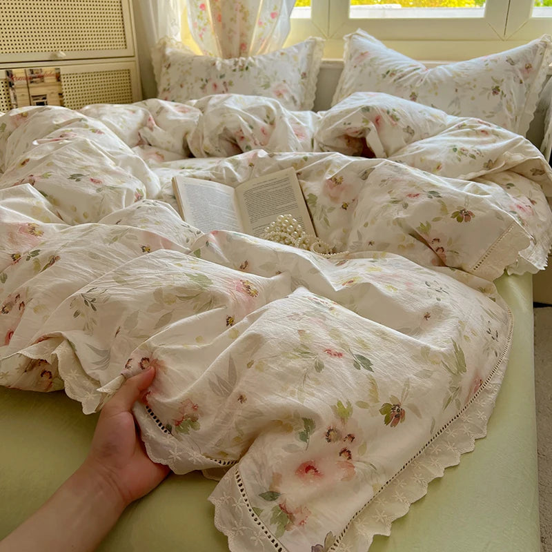 Floral Lace Trim Cotton Bedding Set Creative Femininity