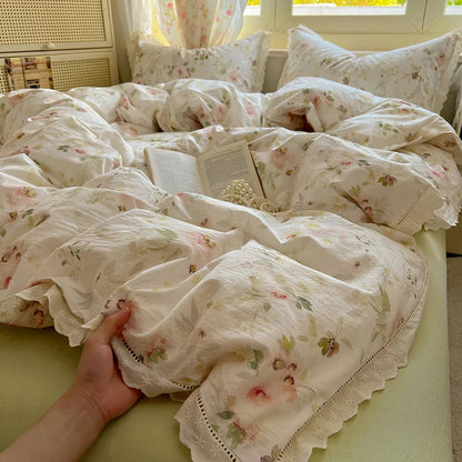 Floral Lace Trim Cotton Bedding Set Creative Femininity