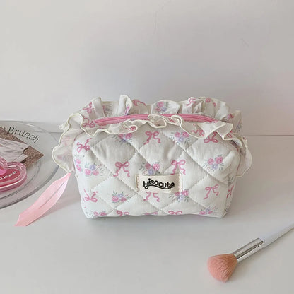 Quilted Ruffle Ribbon Cosmetic Bag
