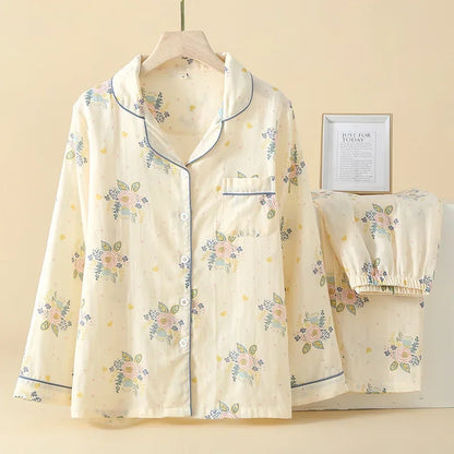 Floral Cotton Pjs With Blue Piping