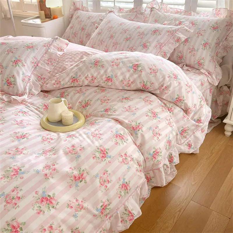 Pink Floral Ruffle Duvet Set