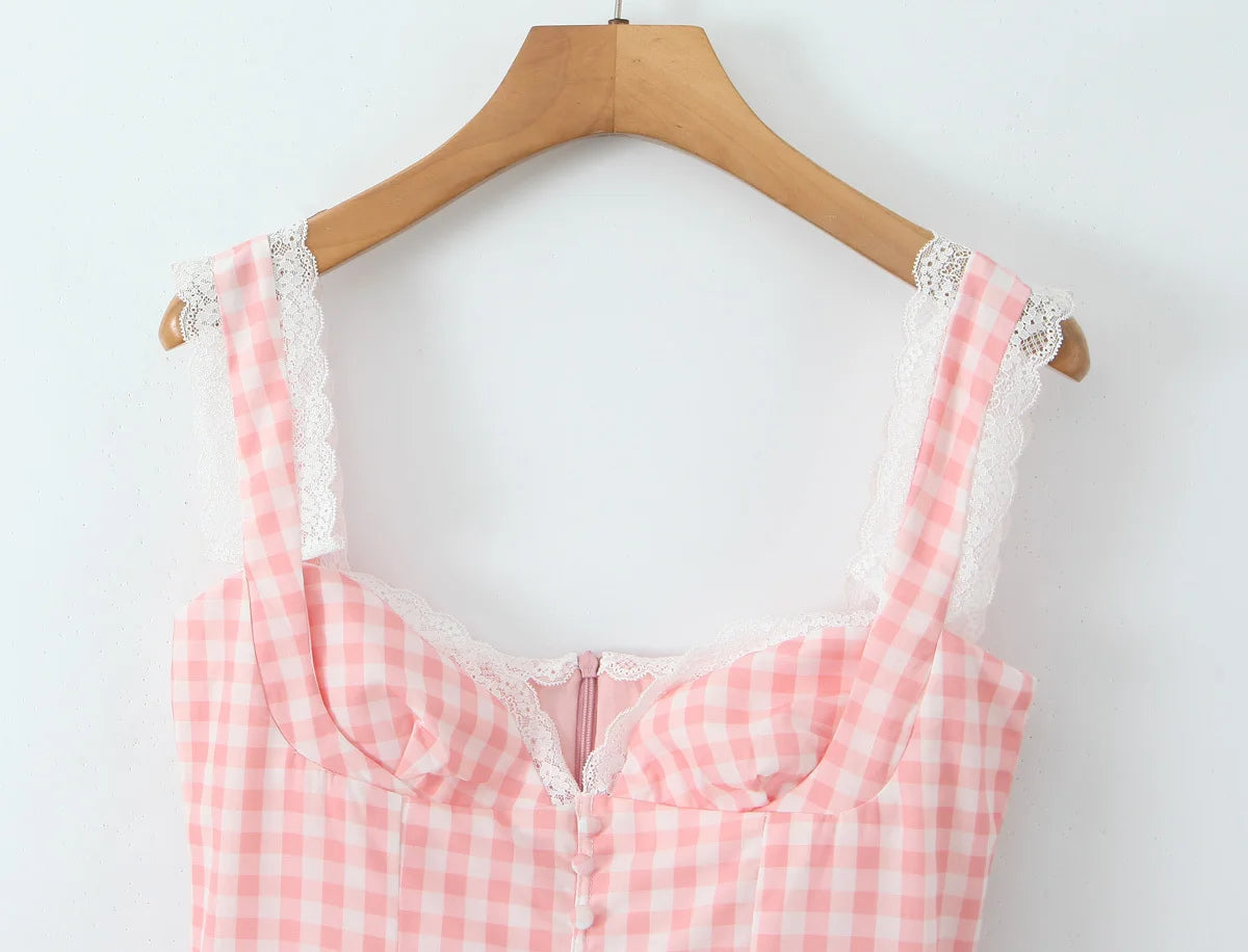 Pink Plaid Milkmaid Mini Dress