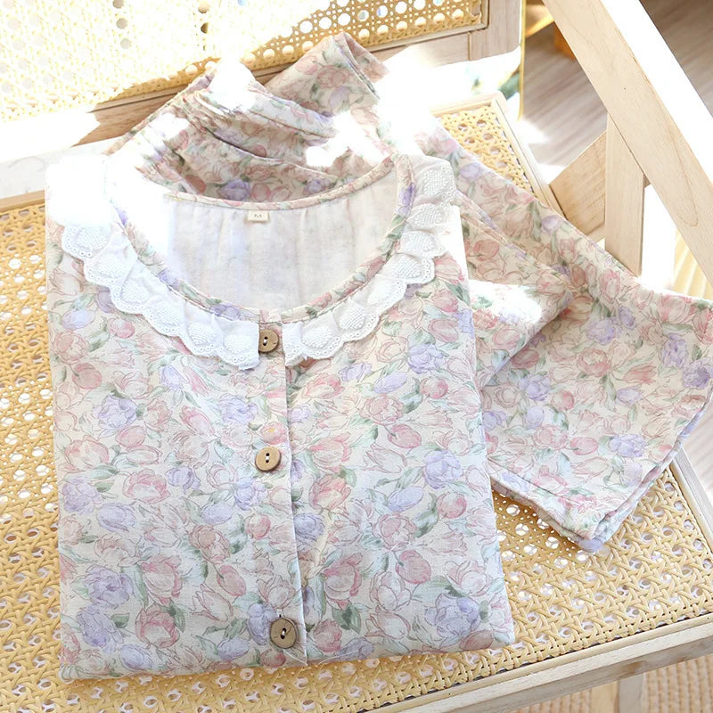 Floral Round Neck Pyjama Set Creative Femininity