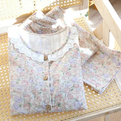 Floral Round Neck Pyjama Set Creative Femininity