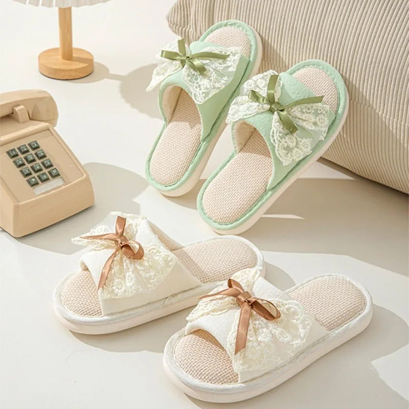 Lace Bow Slider Slippers