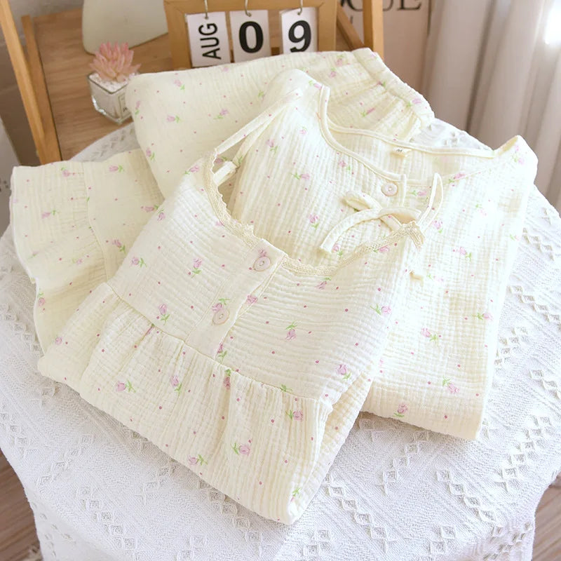 3 Piece Floral Ruffle Cotton Pj Set