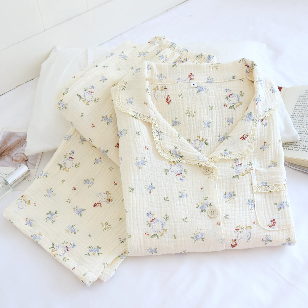 Cartoon Cotton Pajamas Women's Double Layer Gauze Spring Autumn Summer Floral Print Home Clothes Comfortable Long Sleeve Slee... Creative Femininity