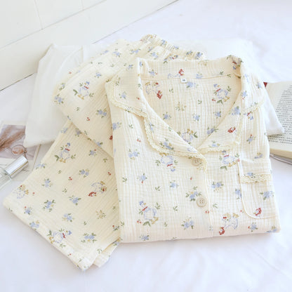 Cartoon Cotton Pajamas Women's Double Layer Gauze Spring Autumn Summer Floral Print Home Clothes Comfortable Long Sleeve Slee... Creative Femininity