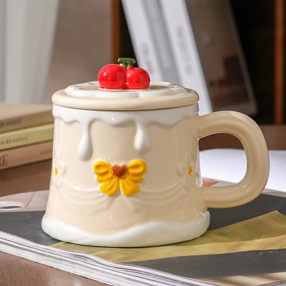 Hand Painted Cherry Cake Ceramic Cup with Lid